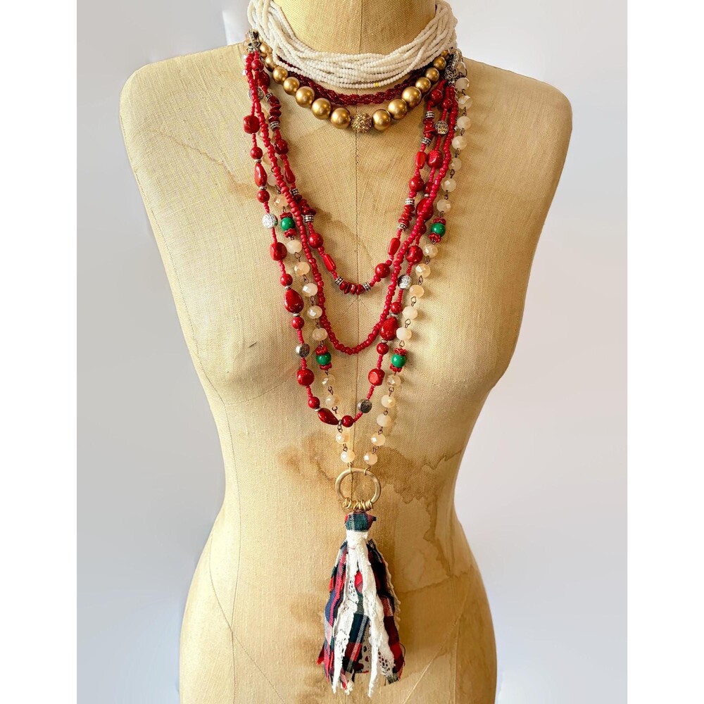 Layered Necklace Lot, Red, White, Beaded, Multi Strand, Glass, Vintage, Set of 5